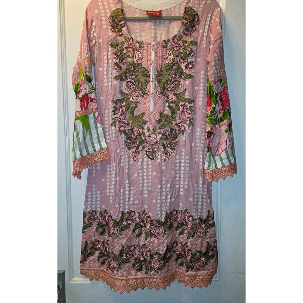 Munira Designer Kurta Pink Embroidered Flora Crystals Tunic Dress Cotton  Boho S